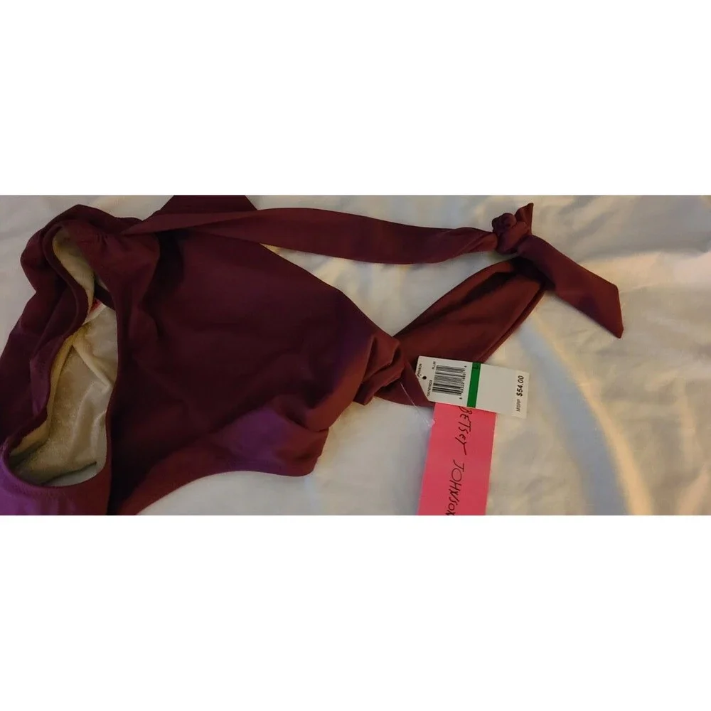 Betsey Johnson Swim Womens sash Trim Plum Hipster Bottom Size L nwt
